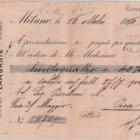 Assegno Bancario n. 6709 emesso da FRANCESCO CORALLI SUCC.RE A FEDERICO MARZOLI Via Porpora Dazio LAMBRATE MILANO all’ordine di sé medesimo per Lire 34,40 a Milano il 16 ottobre 1916