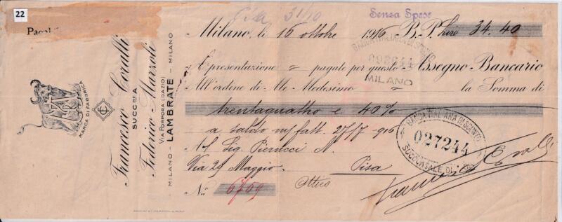 Assegno Bancario n. 6709 emesso da FRANCESCO CORALLI SUCC.RE A FEDERICO MARZOLI Via Porpora Dazio LAMBRATE MILANO all’ordine di sé medesimo per Lire 34,40 a Milano il 16 ottobre 1916