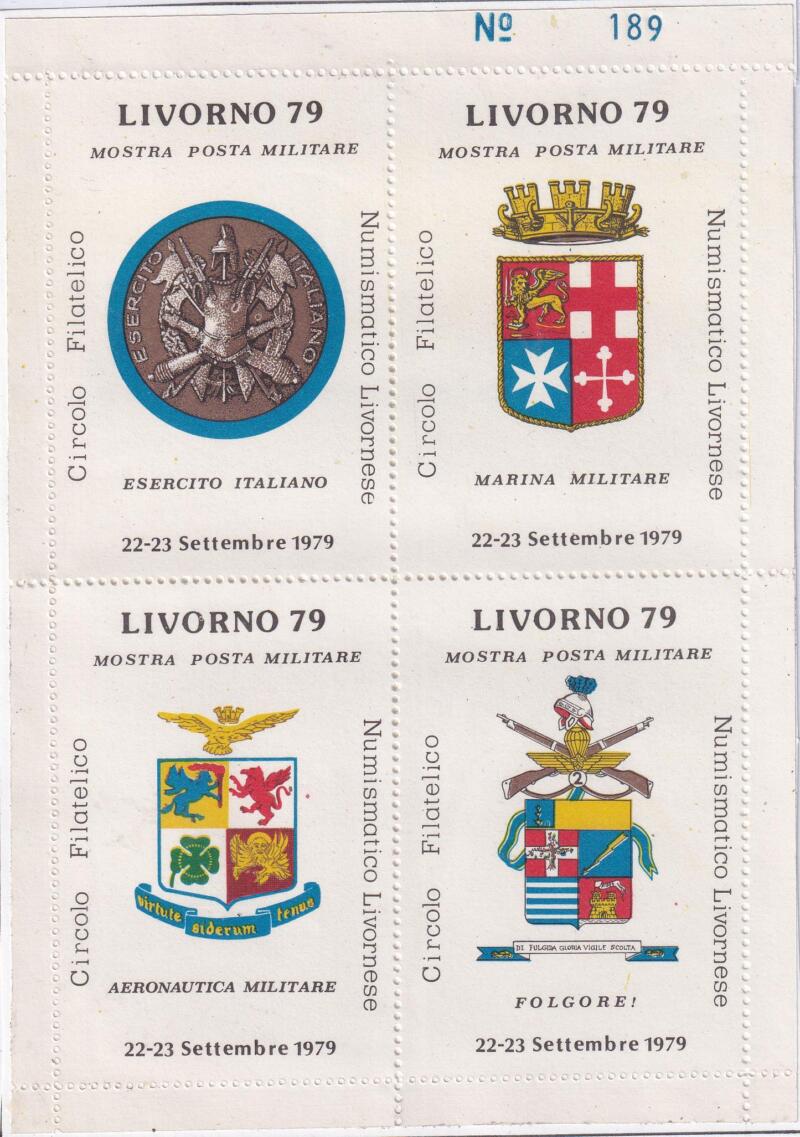 Erinnofilo stampato in foglietto a cura del Circolo Filatelico Numismatico Livornese per celebrare Livorno 79 Mostra Posta Militare Esercito Italiano