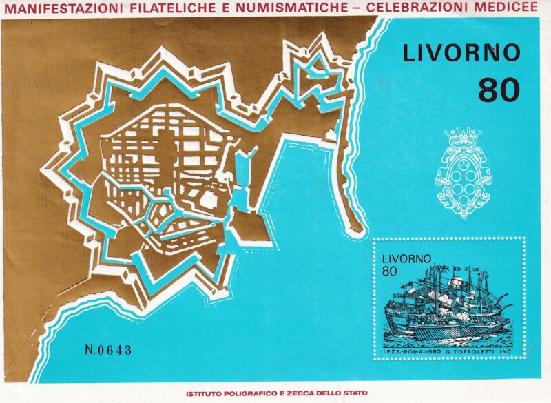 Erinnofilo emesso in foglietto numerato dal Poligrafico e Zecca dello Stato per celebrare le Manifestazioni Filateliche e Numismatiche Celebrazioni Medicee Livorno 80