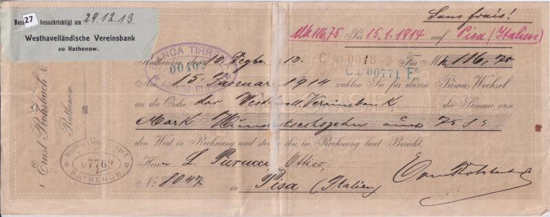 Prima di Cambio emessa da ERNST ROHRBACH & CO. RATHENOW il 10 dicembre 1913 per Marchi 116,70