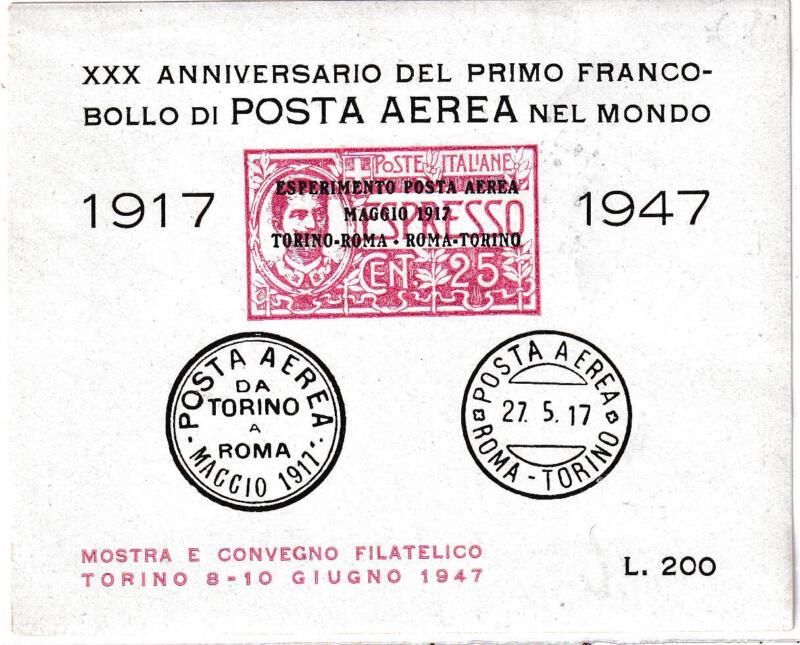 Erinnofilo per il XXX anniversario del primo volo di posta aerea nel mondo - Mostra e convegno filatelico Torino 8 - 10 giugno 1947