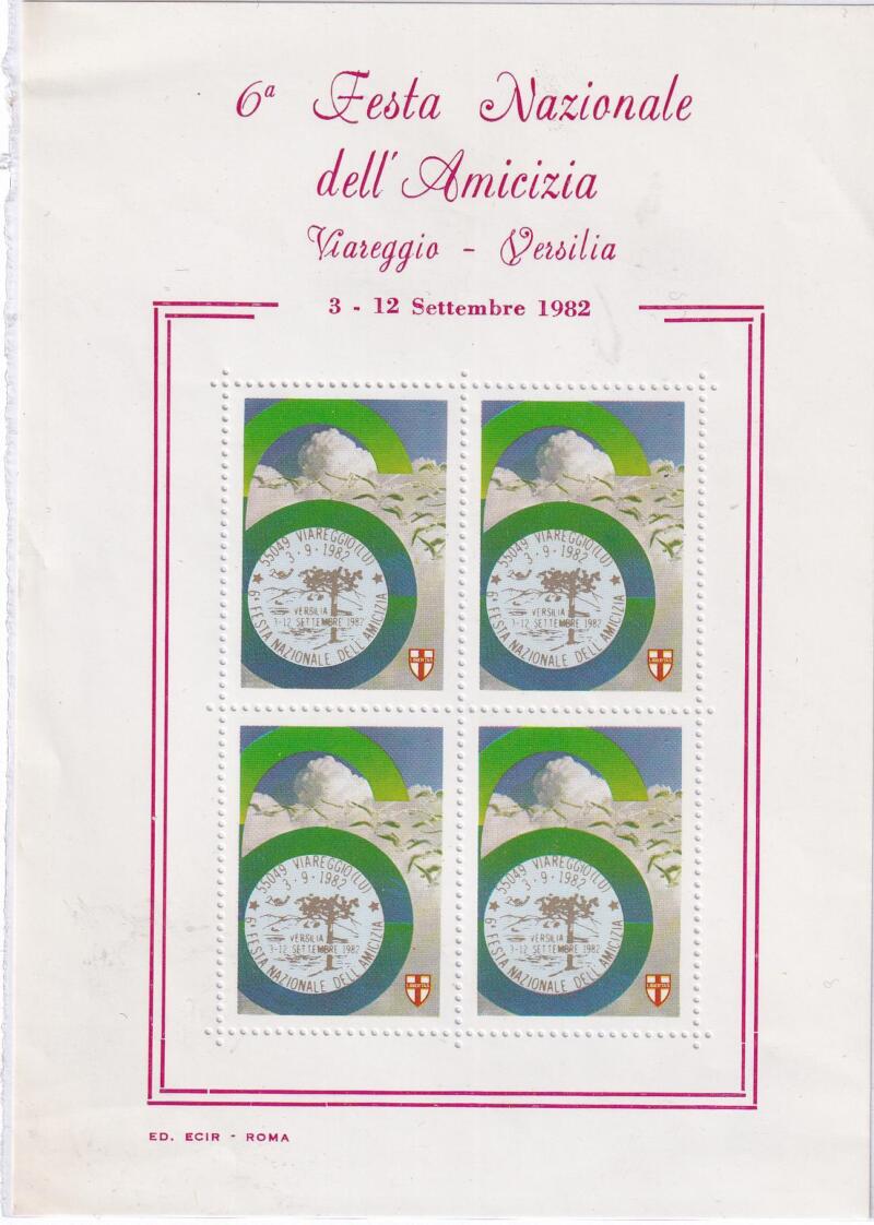 Erinnofilo emesso per la 6° Festa Nazionale dell'Amicizia - Viareggio Versilia  3 - 12 settembre 1982