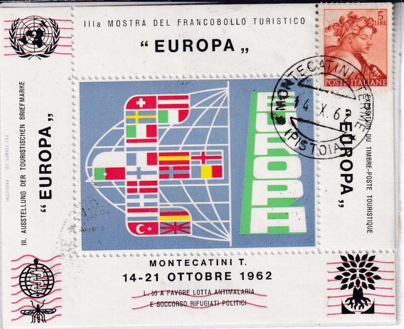 Erinnofilo foglietto Europa Montecatini 1962  francobollo turistico - michelangiolesca Lire 5 e annullo 14-10-1962