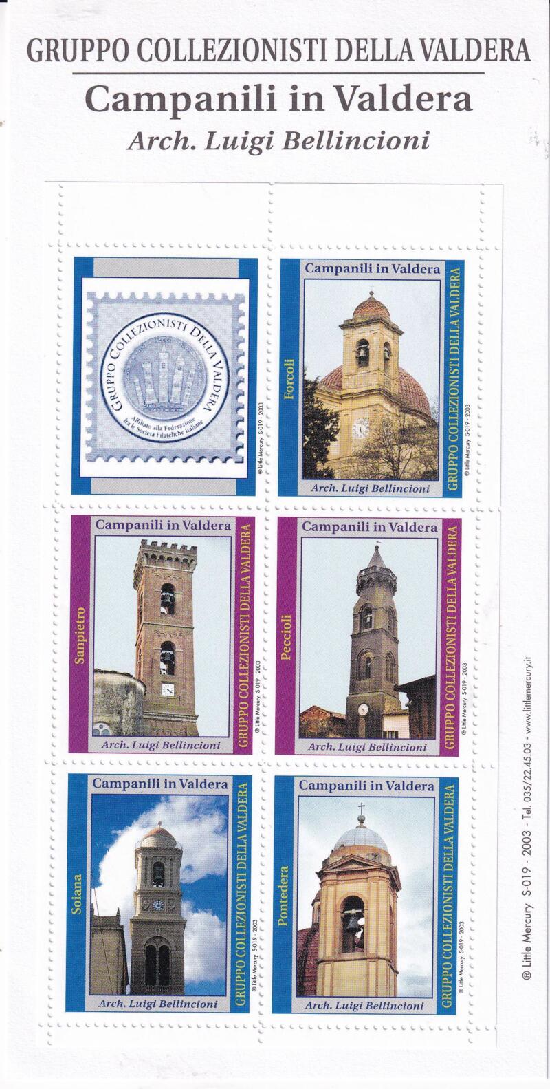 Erinnofilo -foglietto a cura dei collezionisti della Valdera - i campanili dell'architetto Bellincioni