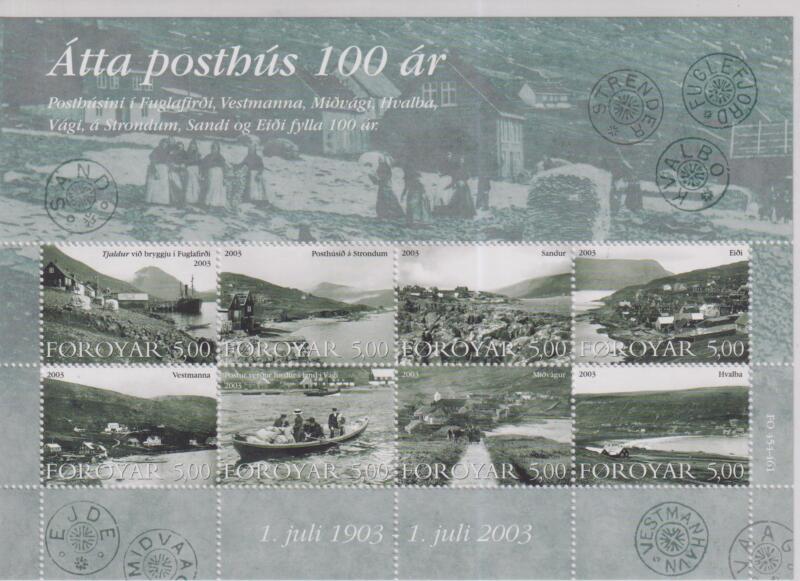 Foglietto Faeroer Anno 2003 Centenario dell'inaugurazione degli uffici postali diFuglafjorour Strendor Sandor Eioi Vestmanna Vagur Miovagur Hvalba