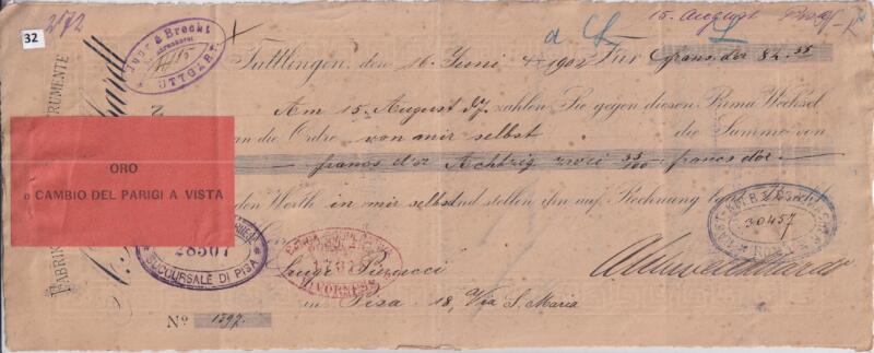 Prima di cambio all’ordine di se stesso N. 1397 emessa il 16 giugno 1902 dalla ditta A. Schweickhardt di Tuttlingen per la somma di 82,35 franchi d’oro