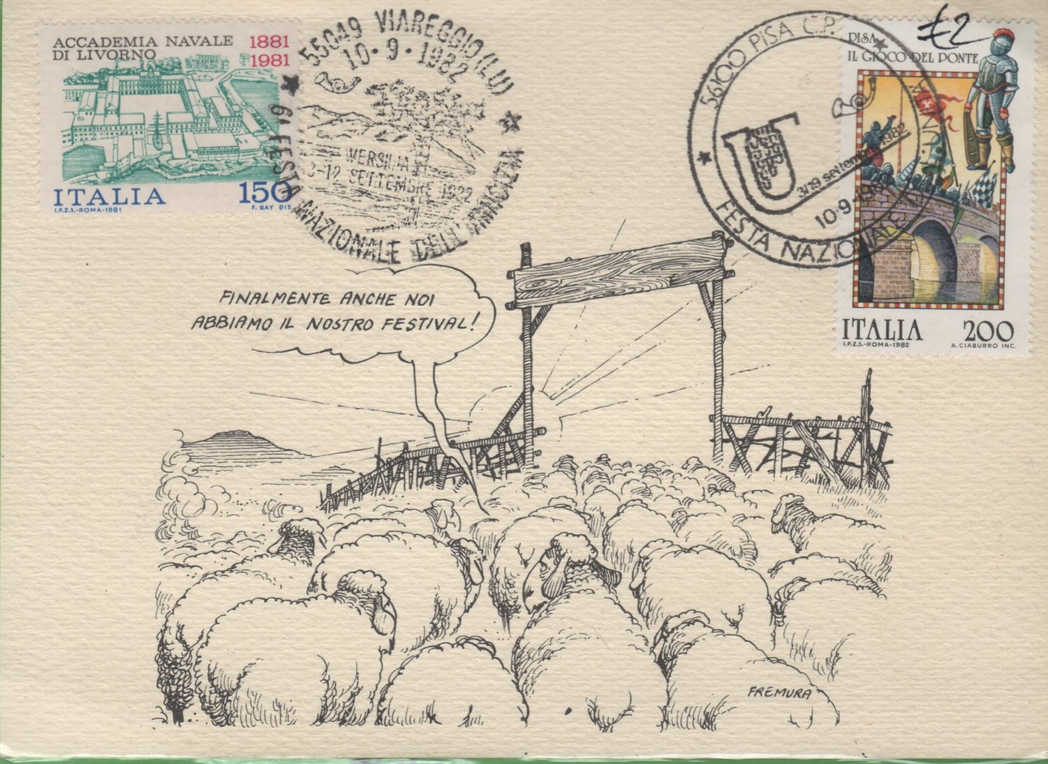 cartolina fremura Cartolina con Vignetta opera dell'Artista Alberto Fremura con n. 1 Annullo filatelico celebrativo della Sesta Festa Nazionale dell'Amicizia e n. 1 Annullo filatelico celebrativo della Festa Nazionale dell'Unità. Nella vignetta un gregge di pecore e il commento 'Finalmente anche noi abbiamo il nostro festival!'