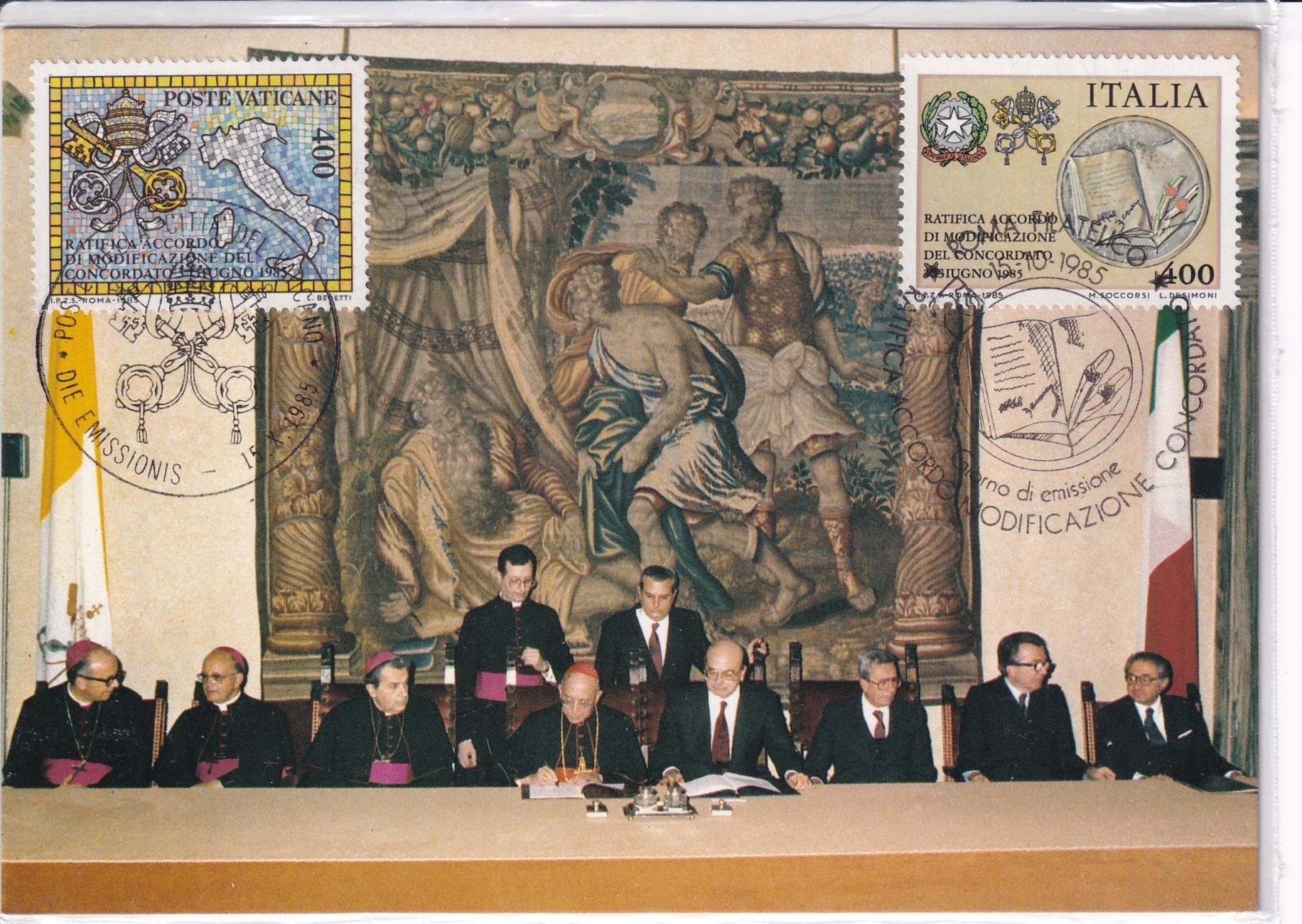 1 Concordato A Cartolina Vaticano 16/85 Ratifica Accordo a modificazione del Concordato Cerimonia della firma 15 ottobre 1985 Affrancatura Francobollo Vaticano Ratifica dell'accordo di modificazione del Concordato con Annullo filatelico speciale Primo giorno di emissione di Poste Vaticane e Affrancatura francobollo Italia Ratifica dell'accordo di modificazione del concordato con Annullo filatelico speciale Primo giorno di emissione di Poste Italiane