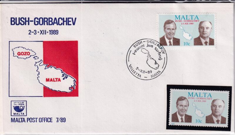 Malta Post Office 7/89 UFFICCJU TAL-POSTA BUSH-GORBACHEV 2-3.XII.1989 Affrancatura Francobollo C.10 Bush-Gorbachev 2-3.XII.1989 Annullo filatelico speciale BUSH-GORBACHEV VALLETTA-MALTA 2-XII-1989 Taschina con lo stesso francobollo dell'affrancatura nuovo