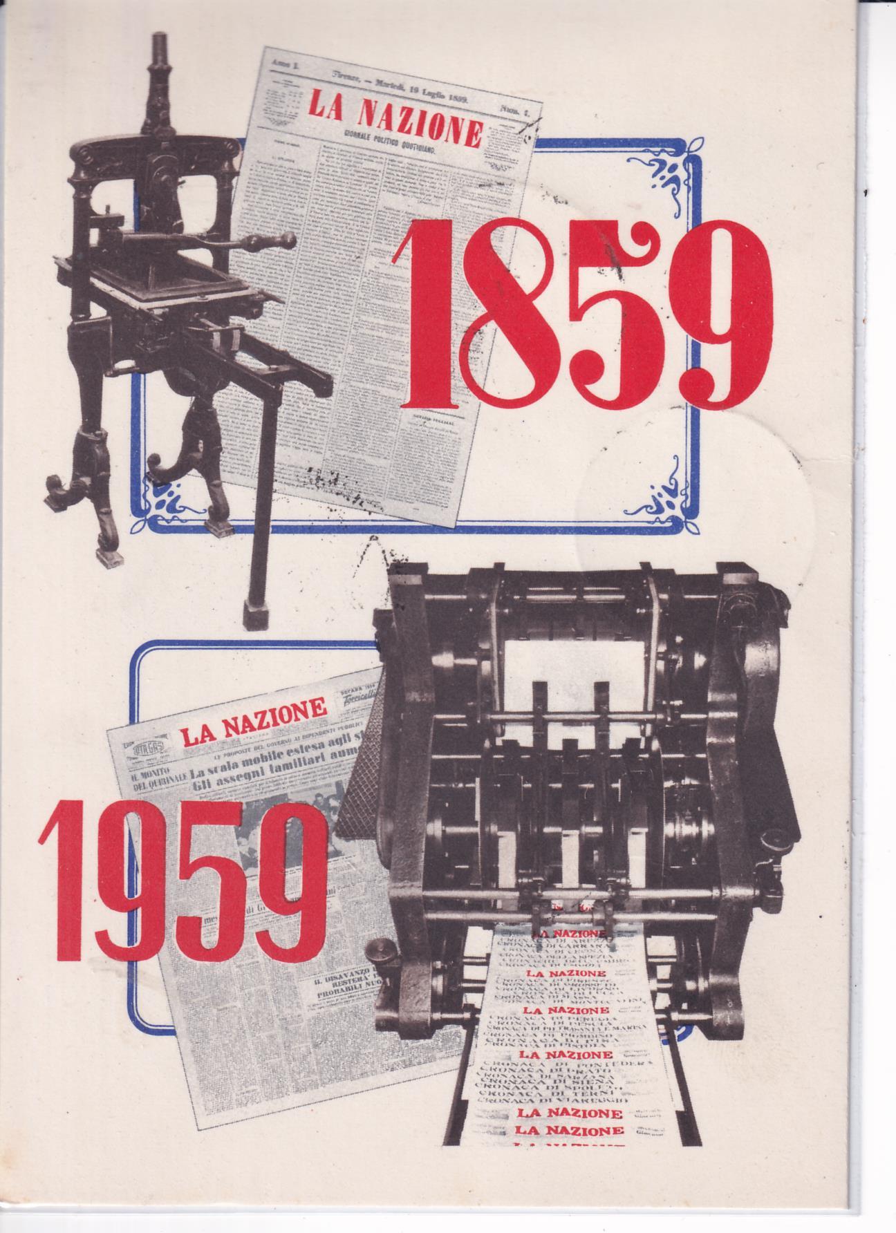 26 CENT LA Nazione A Cartolina Centenario del quotidiano La Nazione 1859-1959 Affrancatura Francobollo Italia Anno 1959 Inaugurazione di un monumento a George Gordon Byron a Roma Annullo filatelico speciale POSTE ITALIANE CENTENARIO GIORNALE LA NAZIONE 2-5.1959 FIRENZE