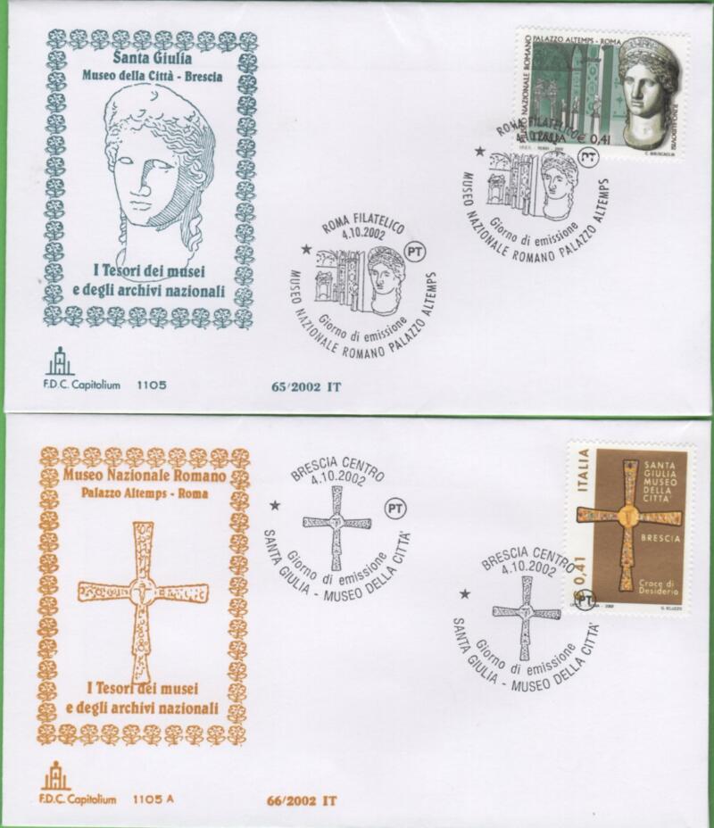 Serie Buste Primo Giorno Italia Anno 2002 I tesori dei musei e degli archivi nazionali Santa Giulia-Museo della Città Brescia e Museo Nazionale Romano Palazzo Altemps Roma