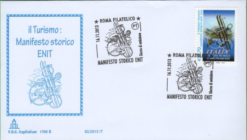 Busta Primo Giorno Italia Anno 2013 Il turismo italiano IV Manifesto storico ENIT Autoadesivo