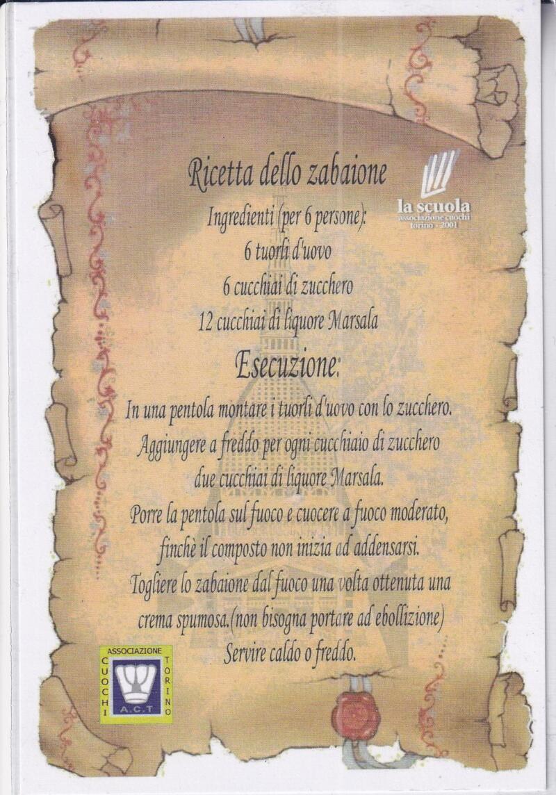 Cartolina Associazione Cuochi Torino Ricetta dello Zabaione Affrancatura Francobollo Cent.60 Zafferano dell'Aquila DOP Annullo filatelico speciale TORINO CENTRO 286 ANNIV. ASSOCIAZIONE CUOCHI TORINO 12.10.2008 A.C.T.