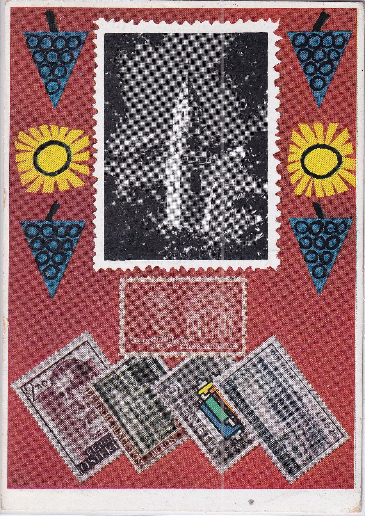 49 Merano 1957 mostra filatelica A Cartolina X Mostra Filatelica Internazionale Merano 2-6.10.1957 Affrancatura Francobollo Italia Anno 1957 Europa L.25 Annullo filatelico speciale POSTE ITALIANE X MOSTRA FILATELICA INTERNAZ. 10 INT. BRIEFMARKEN AUSSTELLUNG MERANO-MERAN 5107511
