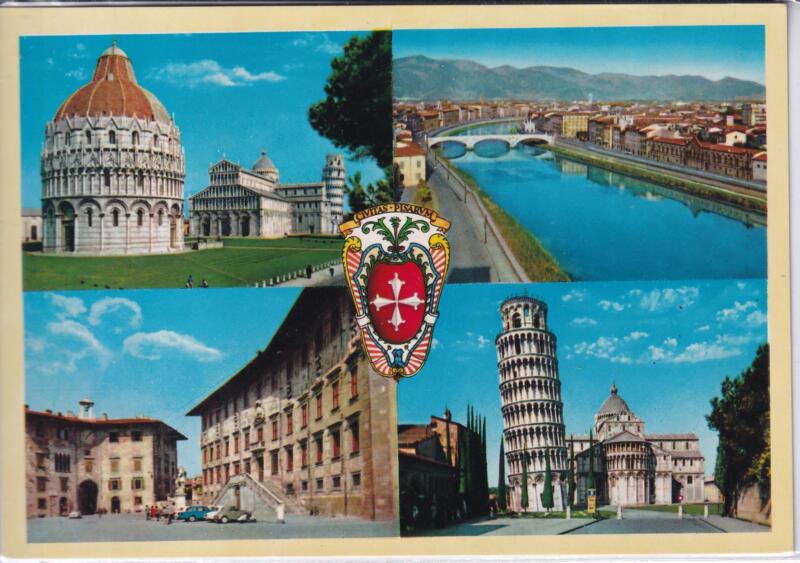 Cartolina Pisa Vedute e monumenti celebri Affrancatura Francobollo Italia L.850 2750esimo anniversario della fondazione di Roma Annullo Pisa succursale  1 data  9-9-99 COMBINAZIONE CABALA NON COMUNE e timbro e distintivi – FARMACIA NUOVA Pisa  09 09 99
