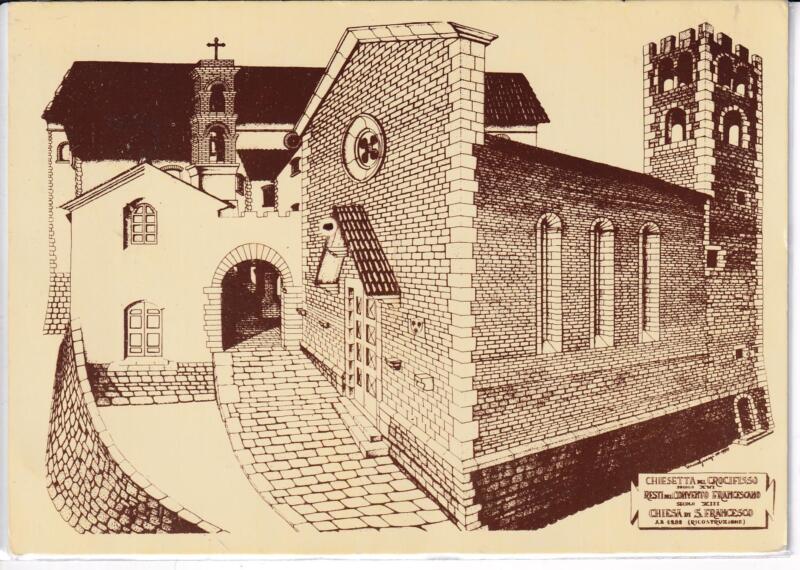 Cartolina Suvereto Chiesa di S. Francesco e Chiesetta del SS. Crocefisso sede dell'omonima Compagnia per le onoranze del Patrono Suveretano Santa Croce. Ricostruzione di V. Sguazzi