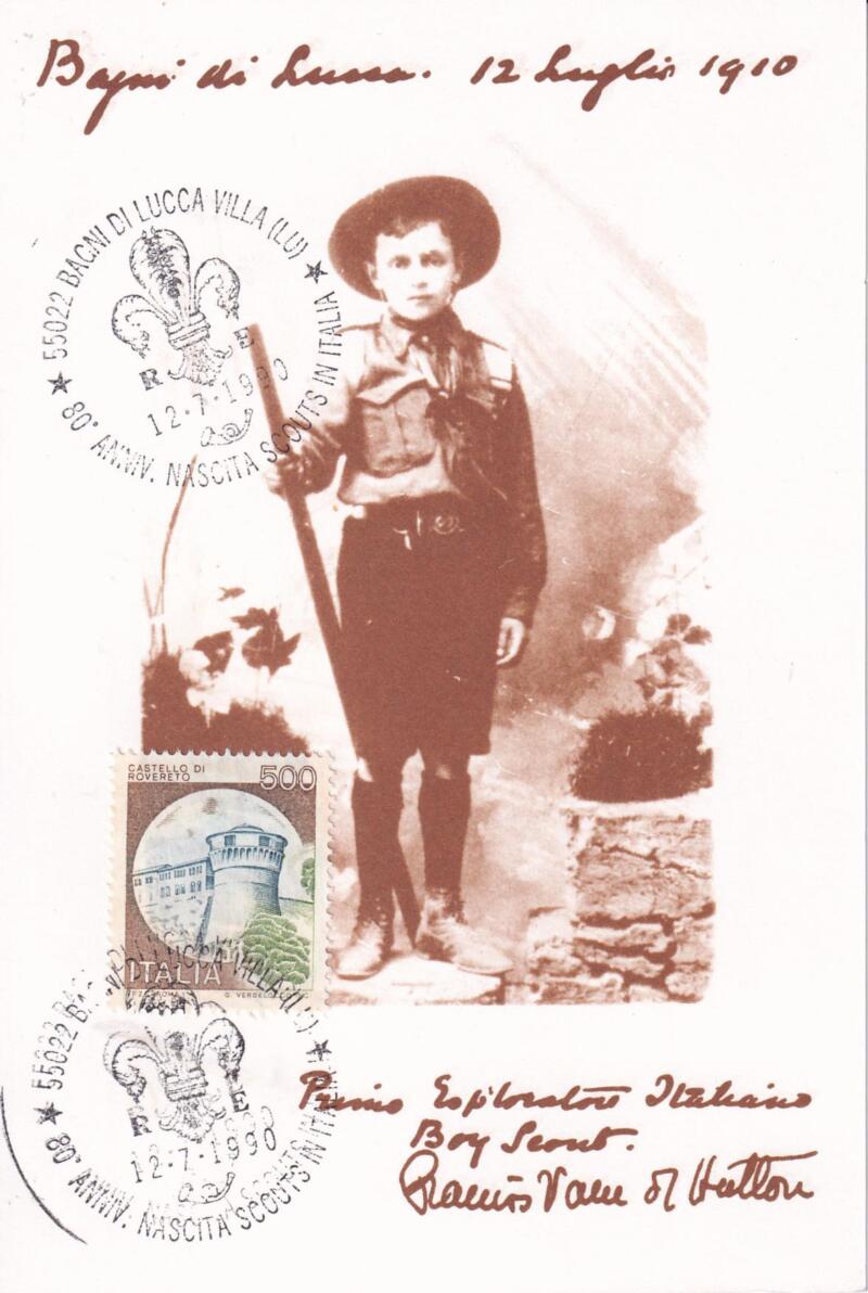 Cartolina 80esimo anniversario Scouts Italia Bagni di Lucca 12 luglio 1910 Primo Esploratore italiano Boy Scout Affrancatura Francobollo Castello d’Italia L.500Rovereto Annullo filatelico speciale 55022 BAGNI DI LUCCA VILLA LU 80 ANNIV.NASCITA SCOUTS IN ITALIA