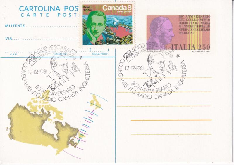 Cartolina postale n. 190 Guglielmo Marconi Lire 250 Annullo ufficiale Primo giorno di emissione Pescara 12-12-1981 Aggiunto francobollo Canada Marconi