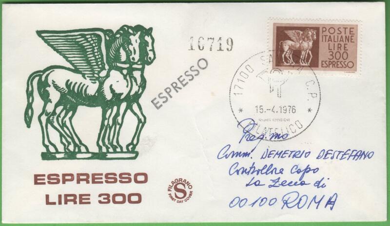 Busta Primo Giorno Italia Anno 1976 Espresso Cavalli alati L.300