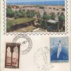 Cartolina Sesta Fiera internazionale del francobollo Quarto Raduno internazionale numismatico RICCIONE 28-31 AGOSTO 1954 - Affrancatura Francobollo Italia Anno 1953 Serie propaganda turistica L.10 e Annullo filatelico speciale VI FIERA INTERN.LE DEL FRANCOBOLLO RICCIONE 28.8.1954 - Affrancatura Francobollo San Marino Anno 1954 Serie La ginnastica L.4 con Annullo filatelico speciale REPUBBLICA S. MARINO POSTA 28.8.1954 - RETRO Annullo filatelico speciale IV RADUNO NAZIONALE NUMISMATICO RICCIONE 28.8.1954