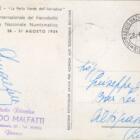Cartolina Sesta Fiera internazionale del francobollo Quarto Raduno internazionale numismatico RICCIONE 28-31 AGOSTO 1954 - Affrancatura Francobollo Italia Anno 1953 Serie propaganda turistica L.10 e Annullo filatelico speciale VI FIERA INTERN.LE DEL FRANCOBOLLO RICCIONE 28.8.1954 - Affrancatura Francobollo San Marino Anno 1954 Serie La ginnastica L.4 con Annullo filatelico speciale REPUBBLICA S. MARINO POSTA 28.8.1954 - RETRO Annullo filatelico speciale IV RADUNO NAZIONALE NUMISMATICO RICCIONE 28.8.1954